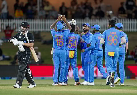 India celebrate the wicket of New Zealand's Henry Nicholls. (Photo | AP)