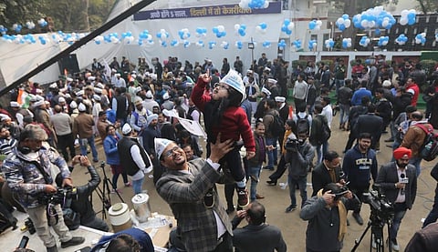 Despite facing stiff competition from the BJP, the Arvind Kejriwal-led Aam Aadmi Party has been leading in over 50 seats, as per the early trends. (Photo | Shekhar Yadav, EPS)