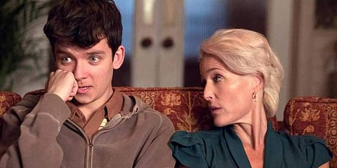 A shot from 'Sex Education' featuring Gillian Anderson as Jean Milburn, the sex therapist mother of Asa Butterfield's Otis (Photo | File)