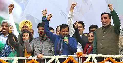 AAP chief Arvind Kejriwal addreses supporters after party's victory in the State Assembly polls, at AAP office in New Delhi. (Photo | Shekhar Yadav, EPS)