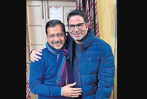 Electoral strategist Prashant Kishor with Delhi Chief Minister Arvind Kejriwal. (Photo | Twitter)