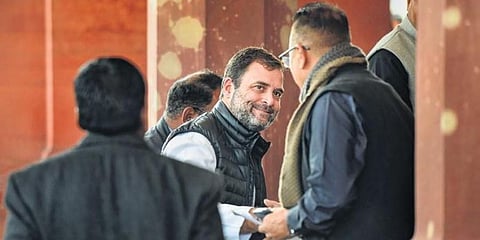 Congress MP Rahul Gandhi at Parliament in New Delhi on Tuesday. (Photo | PTI)