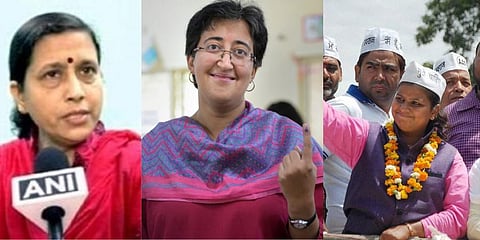 Eight of the nine women candidates fielded by the AAP in the Delhi assembly polls won, helping the party register a thumping election victory on Tuesday. (Photos | ANI, Twitter)