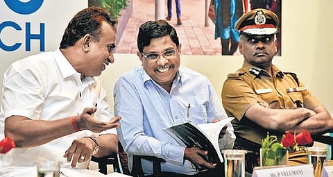 (From L) Minister SP Velumani, Chief Secretary K Shanmugam and Commissioner of Police AK Viswanathan art launch of ‘Mega Streets Project’ in city | R Satish Babu