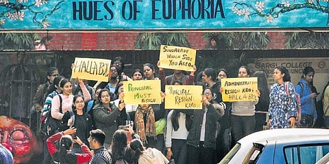 Students protests against molestation by a group of men who had gatecrashed at Gargi College fest in New Delhi. (Photo | PTI)