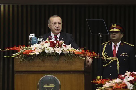 Turkey's President Recep Tayyip Erdogan addresses the Parliament, in Islamabad, Pakistan, Friday, Feb. 14, 2020. (Photo | AP)