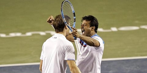 Indian tennis star Leander Paes celebrates with his partner Matthew Ebden after entering the semis of Bengaluru Open. (Photo | Bengaluru Open Tennis Twitter)