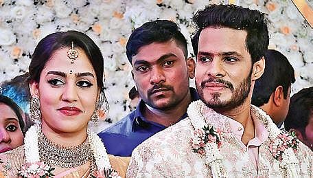 Nikhil Kumaraswamy, fianceé Revathi at their engagement function I SHRIRAM BN