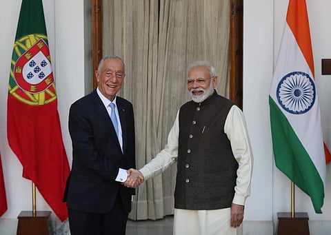 Portugal president Marcelo Rebelo De Sousa with PM Narendra Modi during a meeting at the Hyderabad house in New Delhi on Friday. (Photo| Shekhar Yadav, EPS)