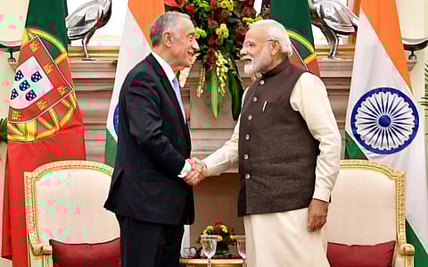 PM Narendra Modi meets Portuguese Marcelo Rebelo de Sousa in New Delhi. (File photo| ANI)