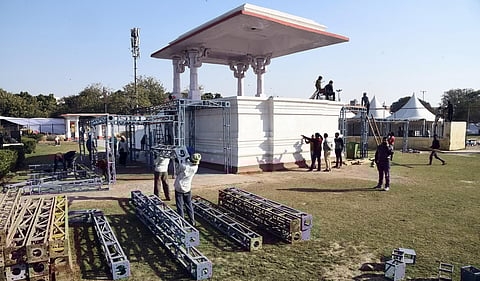 Preparations underway at Ramlila Maidan for the oath-taking ceremony of Aam Aadmi Party (AAP) government in New Delhi on Friday Feb. 14 2020. (Photo | Parveen Negi/EPS)