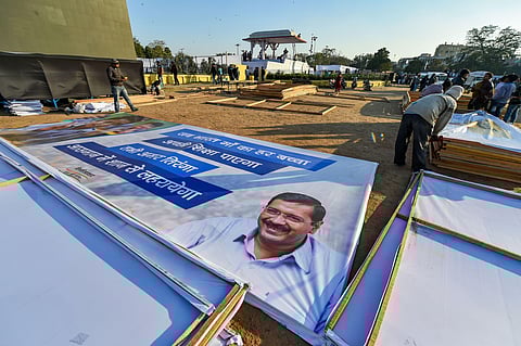 Preparation underway at Ramlila Maidan ahead of the oath-taking ceremony of Aam Aadmi Party government in New Delhi Saturday Feb. 15 2020.  (Photo | PTI)