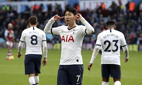Tottenham Hotspur's Son Heung-min celebrates scoring against Aston Villa during the English Premier League soccer match at Villa Park, Birmingham, England, Sunday Feb. 16, 2020. (Photo | AP)