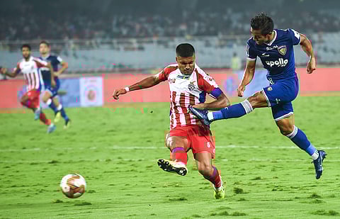 Lallianzuala Chhangte 7 of Chennaiyin Football club and Eduardo Garcia Martin 10 of ATK vie for the ball during their ISL Match in Kolkata Sunday Feb. 16 2020. (Photo | PTI)
