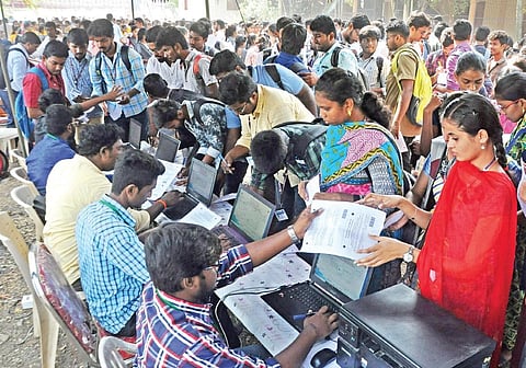 Students gather to register themselves as blood donors during a drive organised by the Indian Red Cross Society in Vijayawada on Saturday | Prasant Madugula