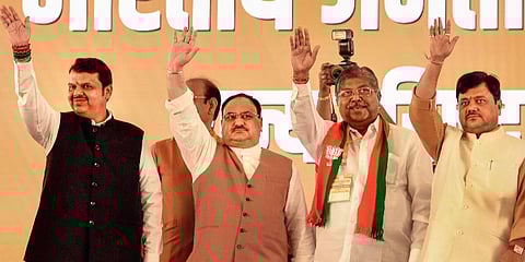 (From Left) Ex-Maharashtra CM Devendra Fadnavis, BJP chief JP Nadda, Maharashtra BJP chief Chandrakant Patil and party leader Pravin Darekar. (Photo| PTI)