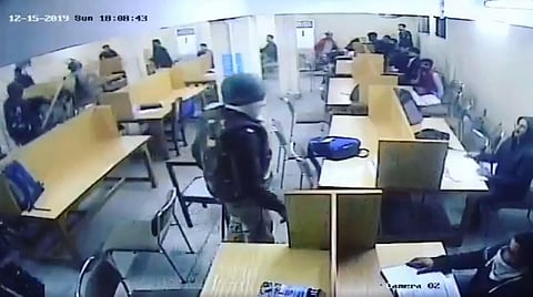 Screengrab of CCTV footage showing violent police crackdown in the library of Jamia Millia Islamia. (Photo| Twitter screengrab)
