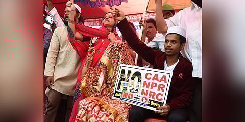 The couple M Shahensha and S Sumaya read out the constitution of India and said that they were against the Citizenship Amendment Act. (Photo | EPS)