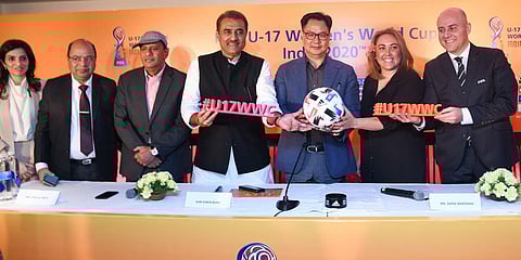 Kiren Rijiju unveils the venues and official slogan for the FIFA U-17 Women's World Cup. (Photo|Twitter/ @KirenRijiju)