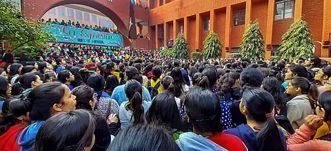 Students stage a protest against the alleged molestation of students by a group of men who had gatecrashed a cultural festival at Gargi College in New Delhi Monday Feb. 10 2020. (Photo | PTI)