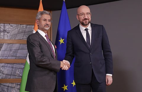 Indian Foreign Minister Subrahmanyam Jaishankar, left, is welcomed by European Council President Charles Michel prior to a meeting at the Europa building in Brussels, Monday, Feb. 17, 2020. (Photo | AP)