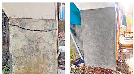 (Left) The damage caused to the staircase of a house during the preparatory works of the demolition of the highrises (Right) The newly-built retaining wall | Express