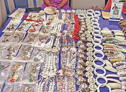 Oyster shell jewellery showcased at an outlet in Crafts Bazaar 2020 at the Shilparamam Jatara I Express