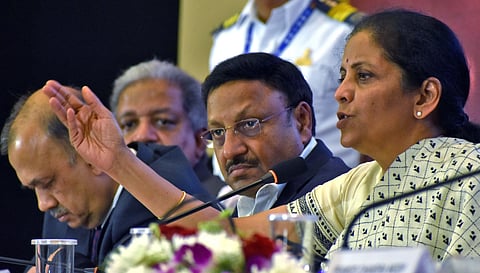 Finance Minister Nirmala Sitharaman addressing the press on the Union Budget 2020 in Hyderabad on Sunday. (Photo | S Senbagapandiyan, EPS)
