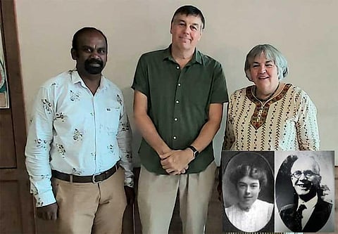 Penny Riley Smith and Simon Vitney along with researcher Ramesh during their visit to Erode. Insert: Doctor Rees and her husband T C Vitney (Special arrangement)