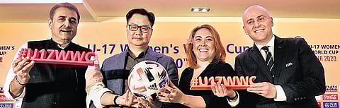 (from L) AIFF chief Praful Patel, Sports Minister Kiren Rijiju, FIFA chief women’s football officer Sarai Bareman & head of youth tournaments Roberto Grassi at the fixture launch of U-17 Women’s World Cup in New Delhi on Tuesday | Parveen Negi