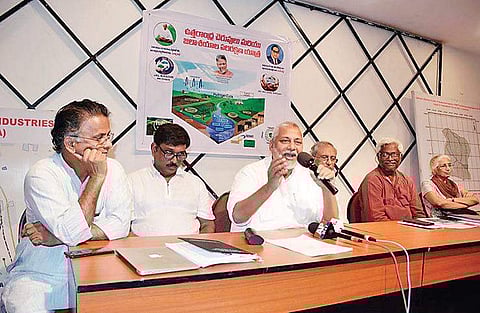 Rajendra Singh speaking at a conference  on Monday on the last day of his visit to water bodies in North Andhra Pradesh