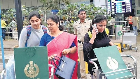 Two girls who returned from China, after 14-day mandatory quarantine in New Delhi,  at the Vizag airport on Tuesday I Express