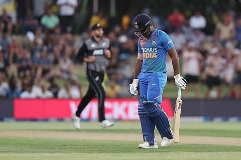 Sanju Samson (R) walks off after being dismissed during the fifth Twenty20 cricket match between New Zealand and India at the Bay Oval in Mount Maunganui. (Photo | AFP)