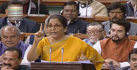 Finance Minister Nirmala Sitharaman presents the Union Budget 2020-21 in the Lok Sabha. (Photo| LS TV screengrab)