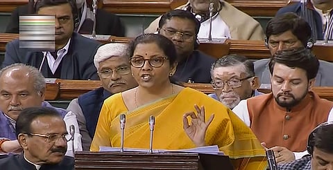 Finance Minister Nirmala Sitharaman presents the Union Budget 2020-21 in the Lok Sabha. (Photo| LS TV screengrab)