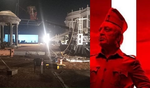 (L to R) The 'Indian 2' film set; Kamal Jassan in Indian 2 poster.