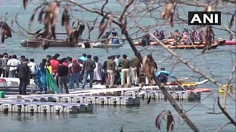Eight people, including IPS officers, were rescued after their boat capsized in Badi Jheel, during an IPS meet water sports event in Bhopal. (Photo| ANI)