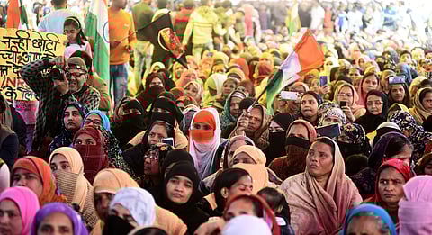 Protestors during an interaction with the Supreme Court appointed interlocutors Sanjay Hegde and Sadhna Ramchandran at the site of their ongoing agitation against Citizenship Amendment Act and National Register of Citizens in New Delhi Thursday Feb. 20 20