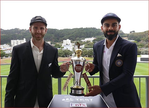 NZ skipper Kane Williamson and Idian captain Virat Kohli pose for the shutterbugs ahead of the two match Test series. (Photo | BCCI Twitter)