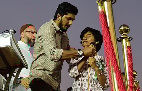 Amulya Leona raises slogans at Freedom Park in Bengaluru on Thursday. (Photo | EPS/inod Kumar T)