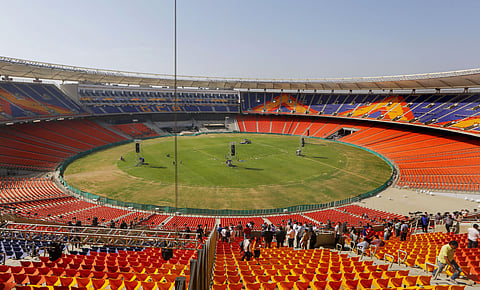 A view of the Sardar Patel Gujarat Stadium as the final round of preparations underway for the U.S. President Donald Trump's Feb. 24 visit in Ahmedabad Friday Feb. 21 2020. (Photo | PTI)