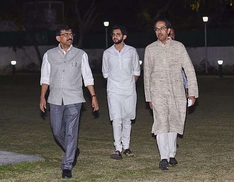 Maharashtra Chief Minister Uddhav Thackeray arrives to address a press conference in New Delhi Friday Feb. 21 2020. Maharashtra Tourism Minister Aaditya Thackeray and Shiv Sena leader Sanjay Raut are also seen. (Photo | PTI)