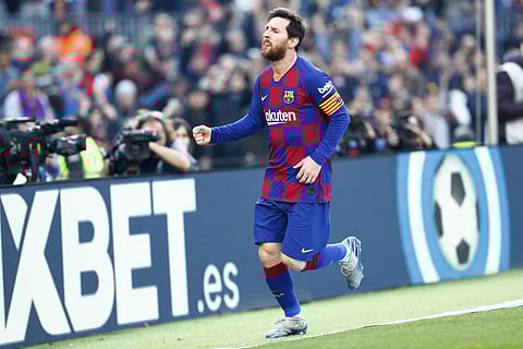 Barcelona's Lionel Messi celebrates after scoring his side's second goal during a Spanish La Liga soccer match between Barcelona and Eibar at the Camp Nou stadium in Barcelona, Spain, Saturday Feb. 22, 2020. (Photo | AP)