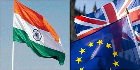 (L to R) Flag of Inida; Flags of EU, UK (Photos | PTI, AP)