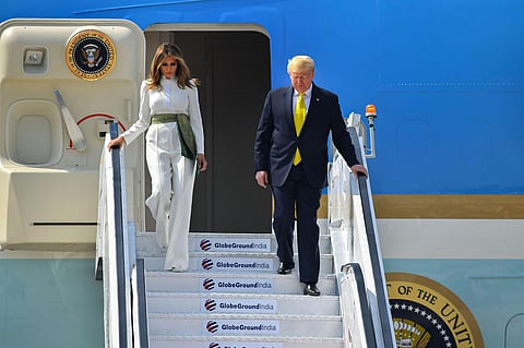 US President Donald Trump and First Lady Melania Trump upon their arrival at the Sardar Vallabhbhai Patel International Airport in Ahmedabad Monday. (Photo | PTI)
