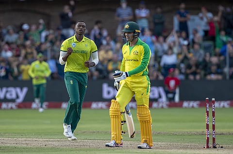 South Africa's Lungi Ngidi celebrates dismissing Australian batsman Alex Carey during the second T20I. (Photo | AP)