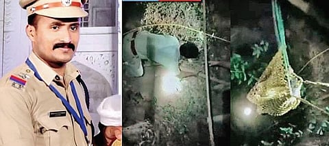 Tirur SI Jaleel Karuthedath (Left) & fire force officers rescue Thaskiya. (Photo | Facebook)