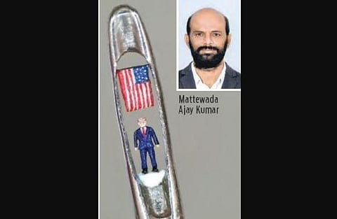 Mattewada Ajay Kumar's wax figure of US President Donald Trump and the American flag in the eye of a needle.
