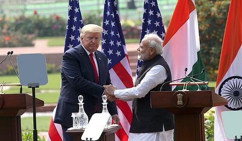 Prime Minister Narendra Modi and US President Donald Trump exchange greetings after their joint press statement. (Photo | Shekhar Yadav, EPS)