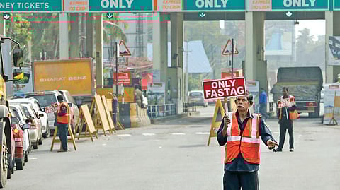 The FASTag counters at the Aroor-Kumbalam toll plaza. 